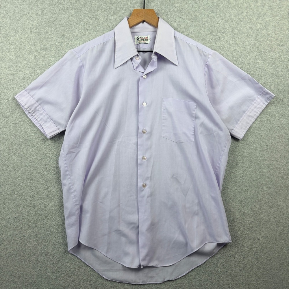 Vintage 70s Button Up Shirt Mens 15.5 Medium Lavender Dagger Collar Disco Pocket